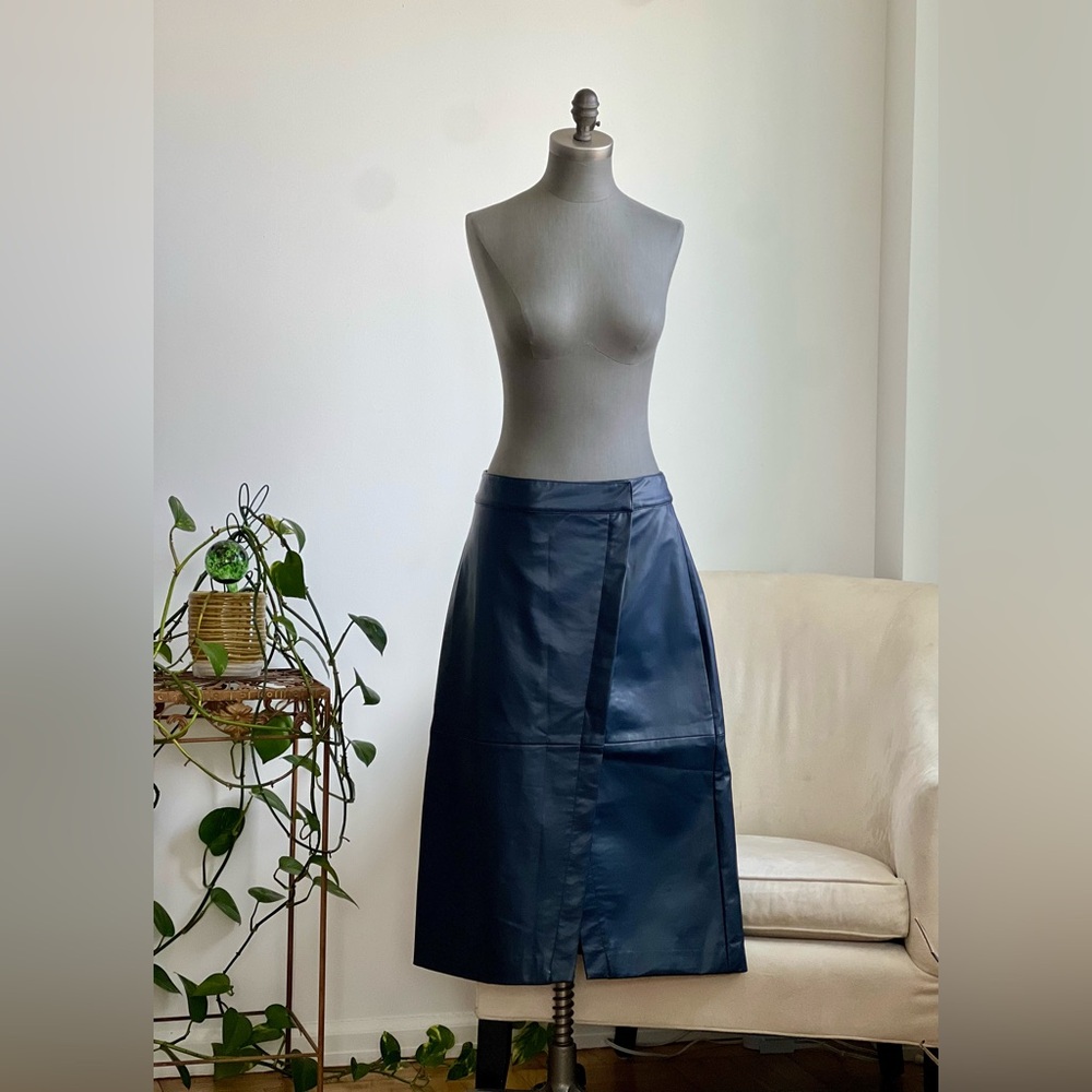 Navy Blue Faux Leather Skirt with Front Zip